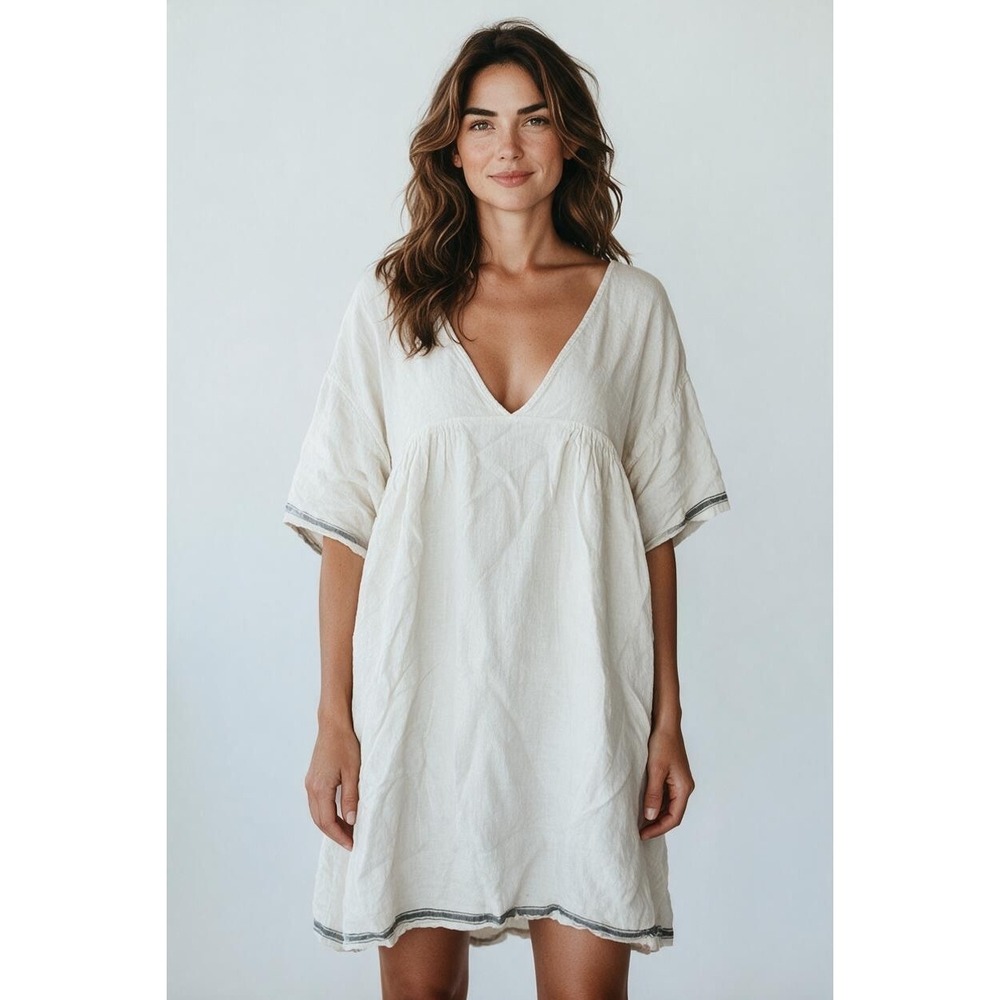 MegbyDesign White Linen V-Neck Smock Dress with Stripe Trim Sz S Boho